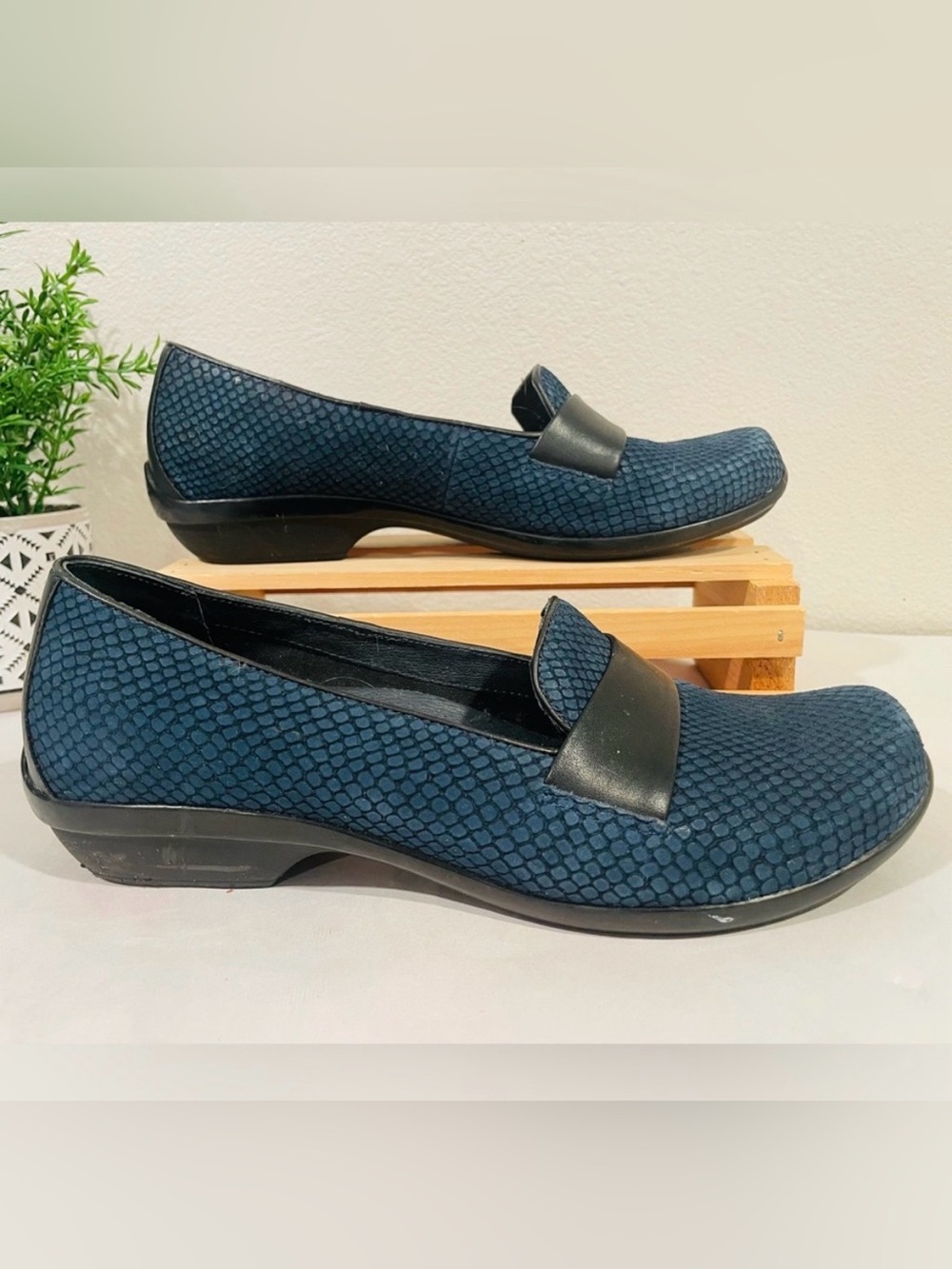 Dansko “Oksana” Blue Velvety Suede Women’s Loafers | Black Leather Accent Band